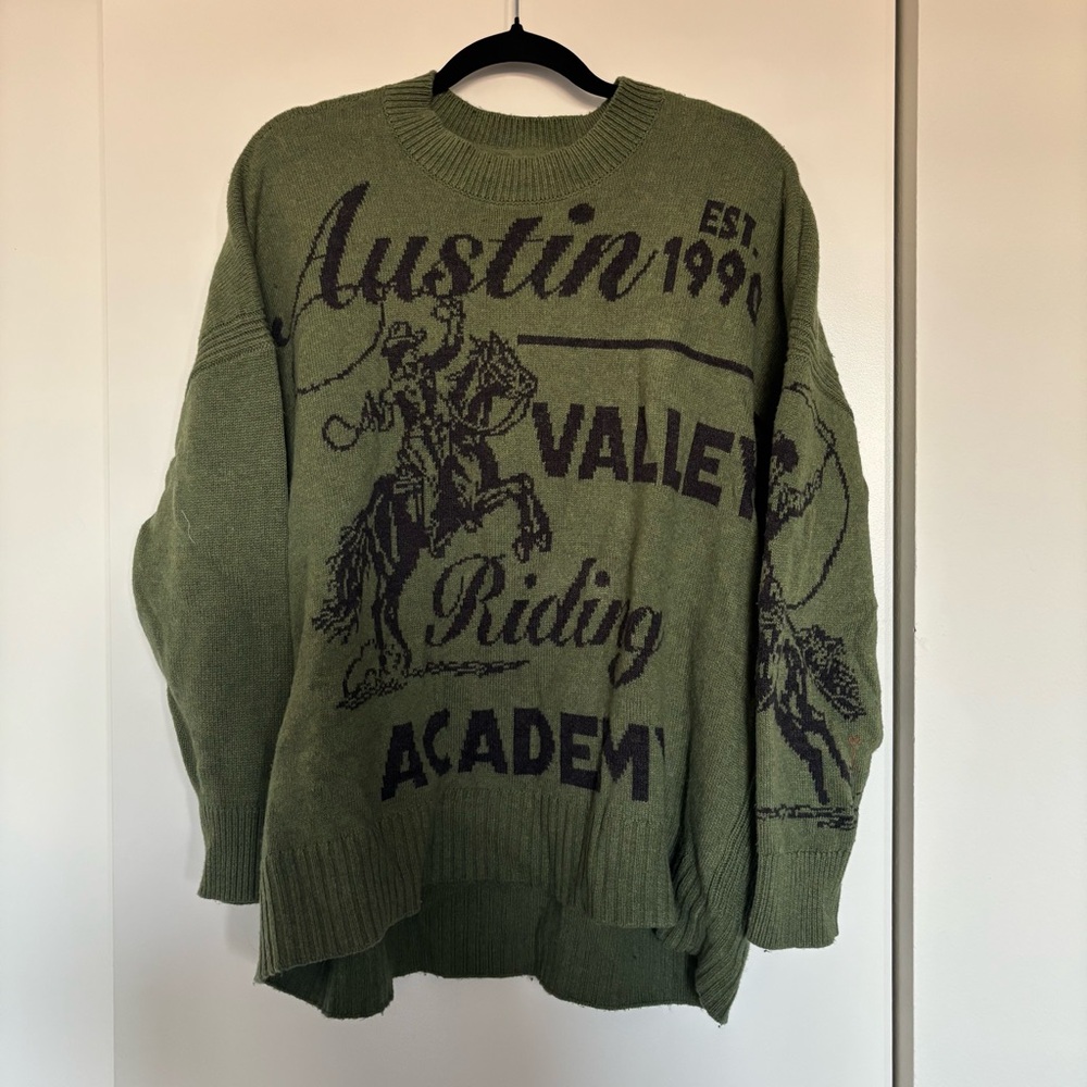 Maeve Anthropologie Oversized Graphic Crewneck Sweater - Olive